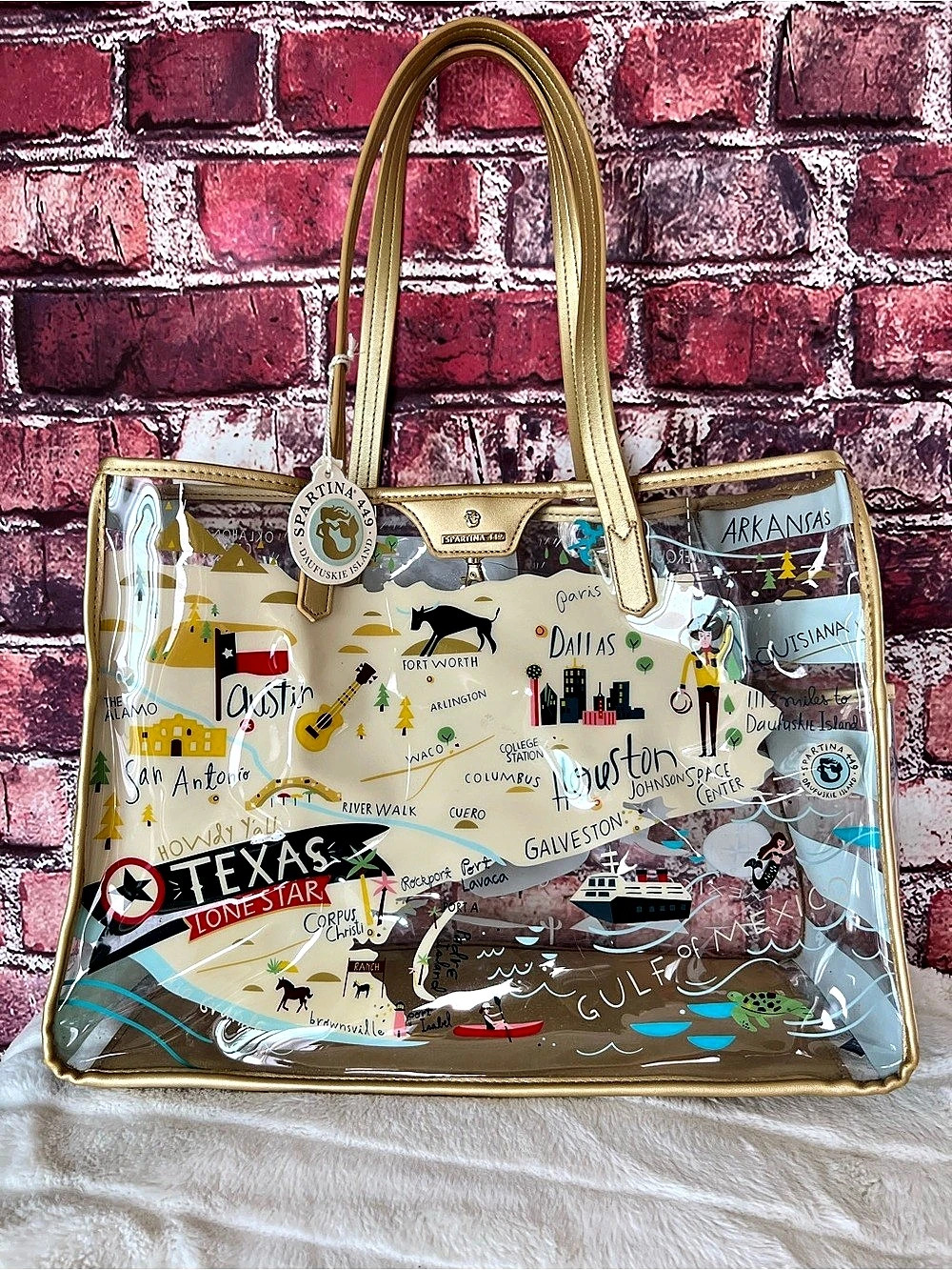 Spartina 449 Greetings From Texas Clear Beach Tote Bag Gold Trim